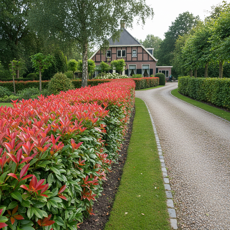 Haie de photinia aux feuilles rouges au printemps